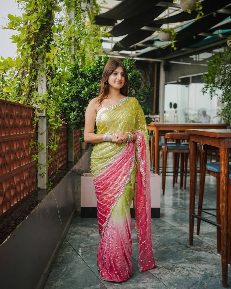 Parrot Green And Pink Color Handwork and Sequence Work Satin Saree