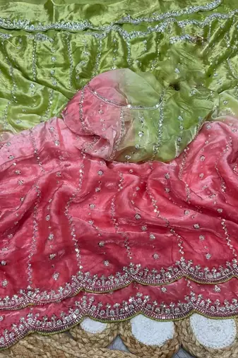 Parrot Green And Pink Color Handwork and Sequence Work Satin Saree