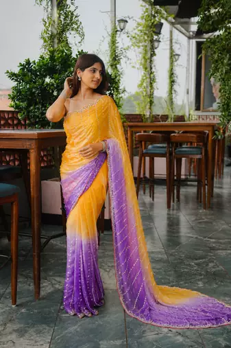 Yellow Color Handwork and Sequence Work Satin Saree