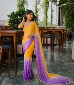 Yellow Color Handwork and Sequence Work Satin Saree