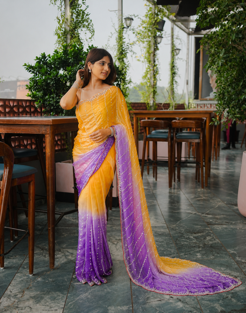 Yellow Color Handwork and Sequence Work Satin Saree