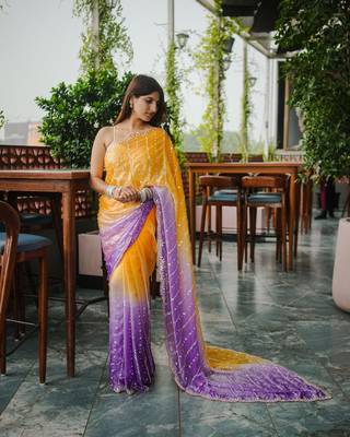 Yellow Color Handwork and Sequence Work Satin Saree 2