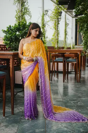 Yellow Color Handwork and Sequence Work Satin Saree