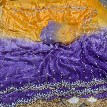 Yellow Color Handwork and Sequence Work Satin Saree 3