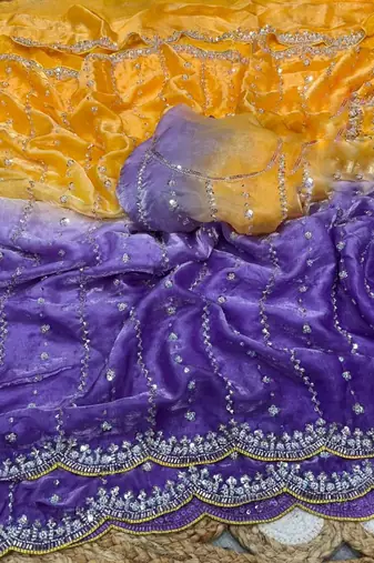 Yellow Color Handwork and Sequence Work Satin Saree