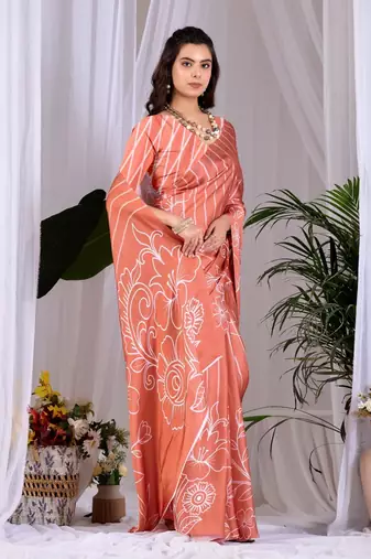Elegant Peach Floral Print Saree for Women
