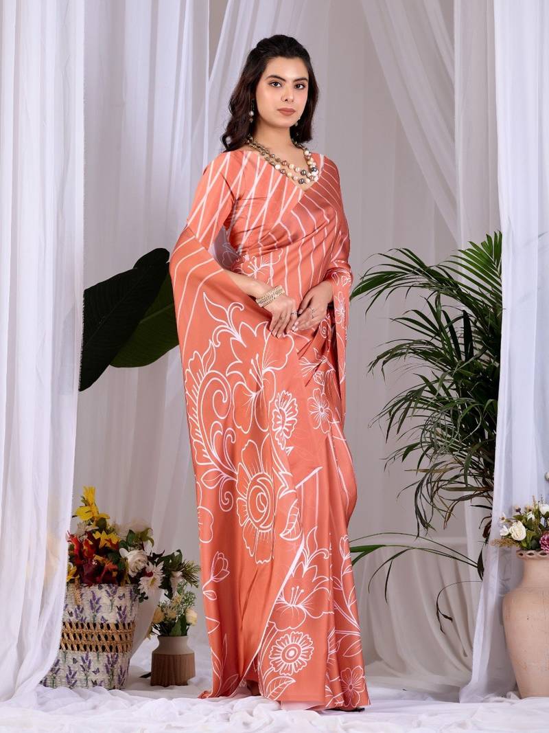 Elegant Peach Floral Print Saree for Women