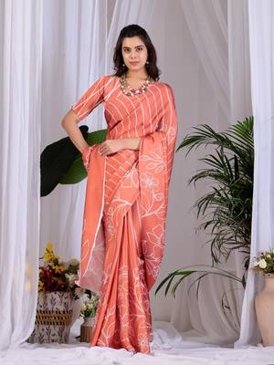 Elegant Peach Floral Print Saree for Women 2