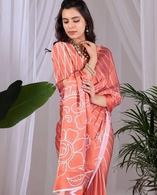Elegant Peach Floral Print Saree for Women 4