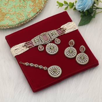 Pink & pista green color choker kundan necklace set 1