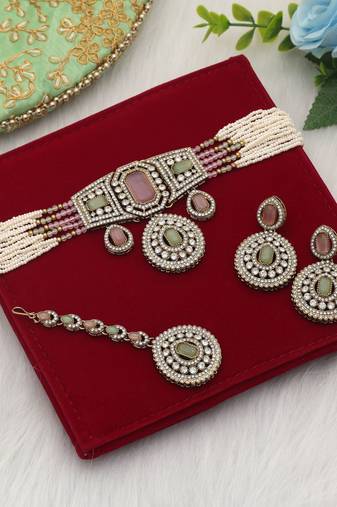 Pink & pista green color choker kundan necklace set