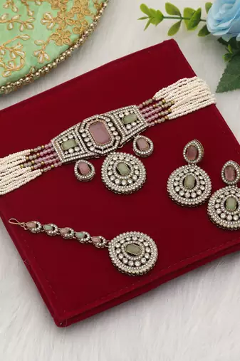 Pink & pista green color choker kundan necklace set