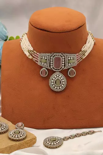 Pink & pista green color choker kundan necklace set
