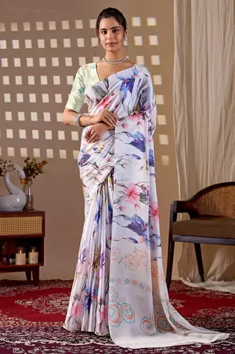 Elegant White Floral Print Saree for Women