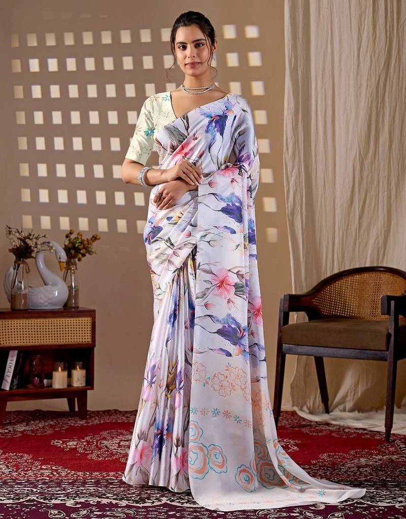 Elegant White Floral Print Saree for Women
