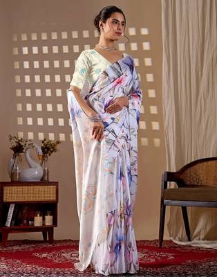 Elegant White Floral Print Saree for Women 2