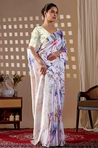 Elegant White Floral Print Saree for Women
