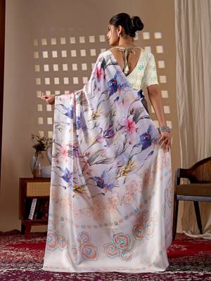 Elegant White Floral Print Saree for Women 3