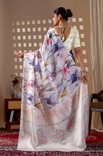 Elegant White Floral Print Saree for Women