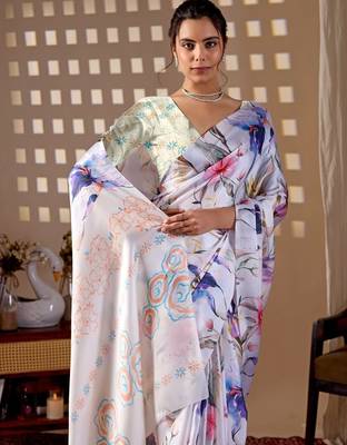Elegant White Floral Print Saree for Women 4