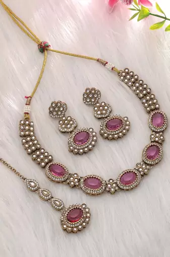 Rani color kundan necklace set