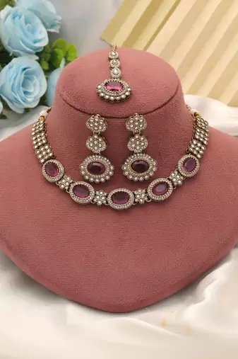 Rani color kundan necklace set