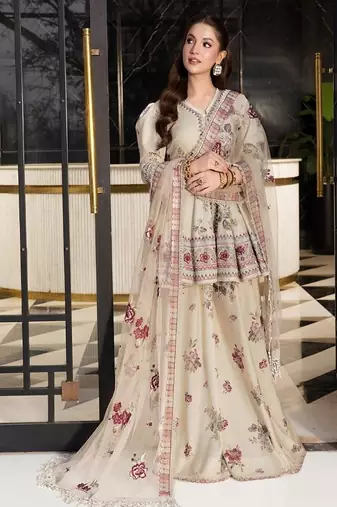 Off white embroidery crepe peplum style sharara suit set