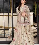 Off white embroidery crepe peplum style sharara suit set