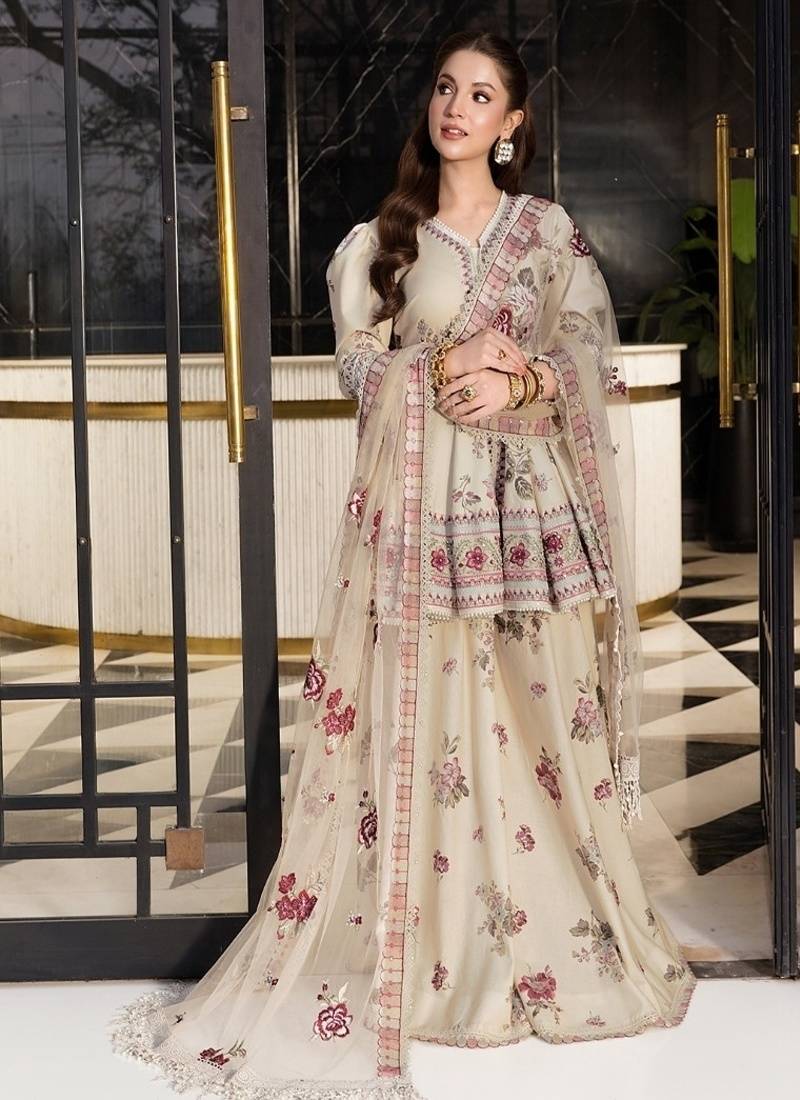 Off white embroidery crepe peplum style sharara suit set