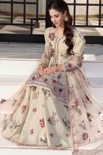 Off white embroidery crepe peplum style sharara suit set