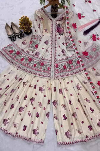 Off white embroidery crepe peplum style sharara suit set