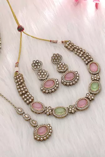 Pista green & pink color kundan necklace set