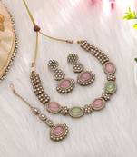 Pista green & pink color kundan necklace set