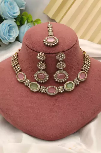 Pista green & pink color kundan necklace set