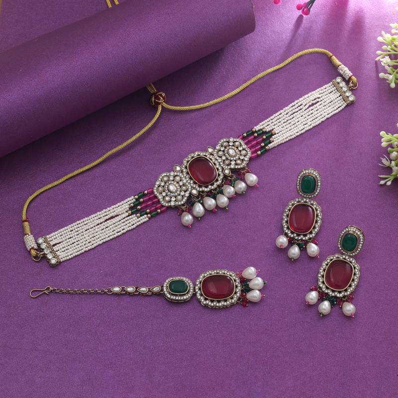 Rani & green color choker kundan necklace set