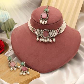 Pista green & pink color choker kundan necklace set 1