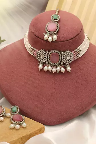 Pista green & pink color choker kundan necklace set