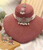 Pista green & pink color choker kundan necklace set