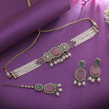 Pista green & pink color choker kundan necklace set 2