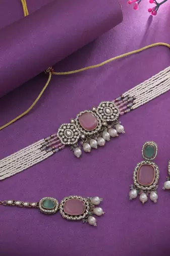 Pista green & pink color choker kundan necklace set
