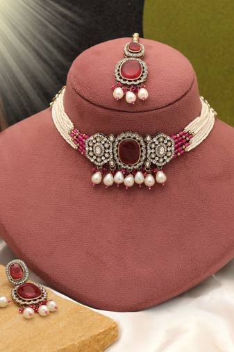 Rani color choker kundan necklace set