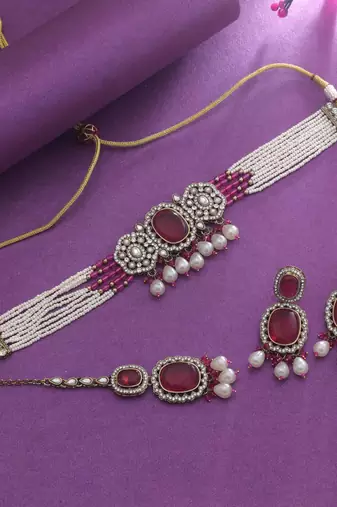 Rani color choker kundan necklace set