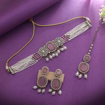 Light pink color choker kundan necklace set 2