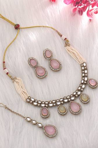 Pista green & pink color kundan necklace set