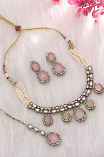 Pista green & pink color kundan necklace set