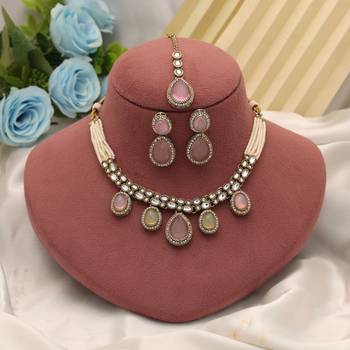 Pista green & pink color kundan necklace set 2