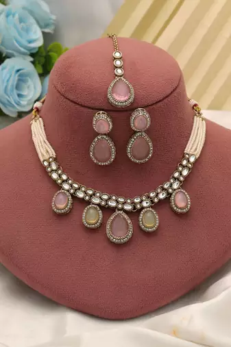 Pista green & pink color kundan necklace set