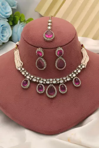 Rani color kundan necklace set
