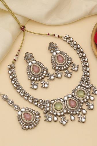 Pista green & pink color kundan necklace set
