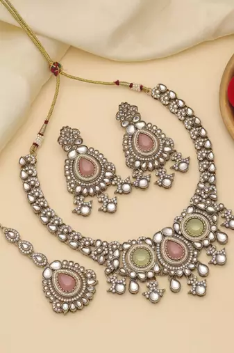 Pista green & pink color kundan necklace set